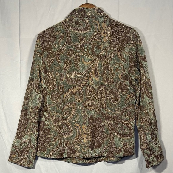 Chicos Brocade Paisley Jacket Blazer Women Size 1 Green Brown Button Front - Picture 2 of 10